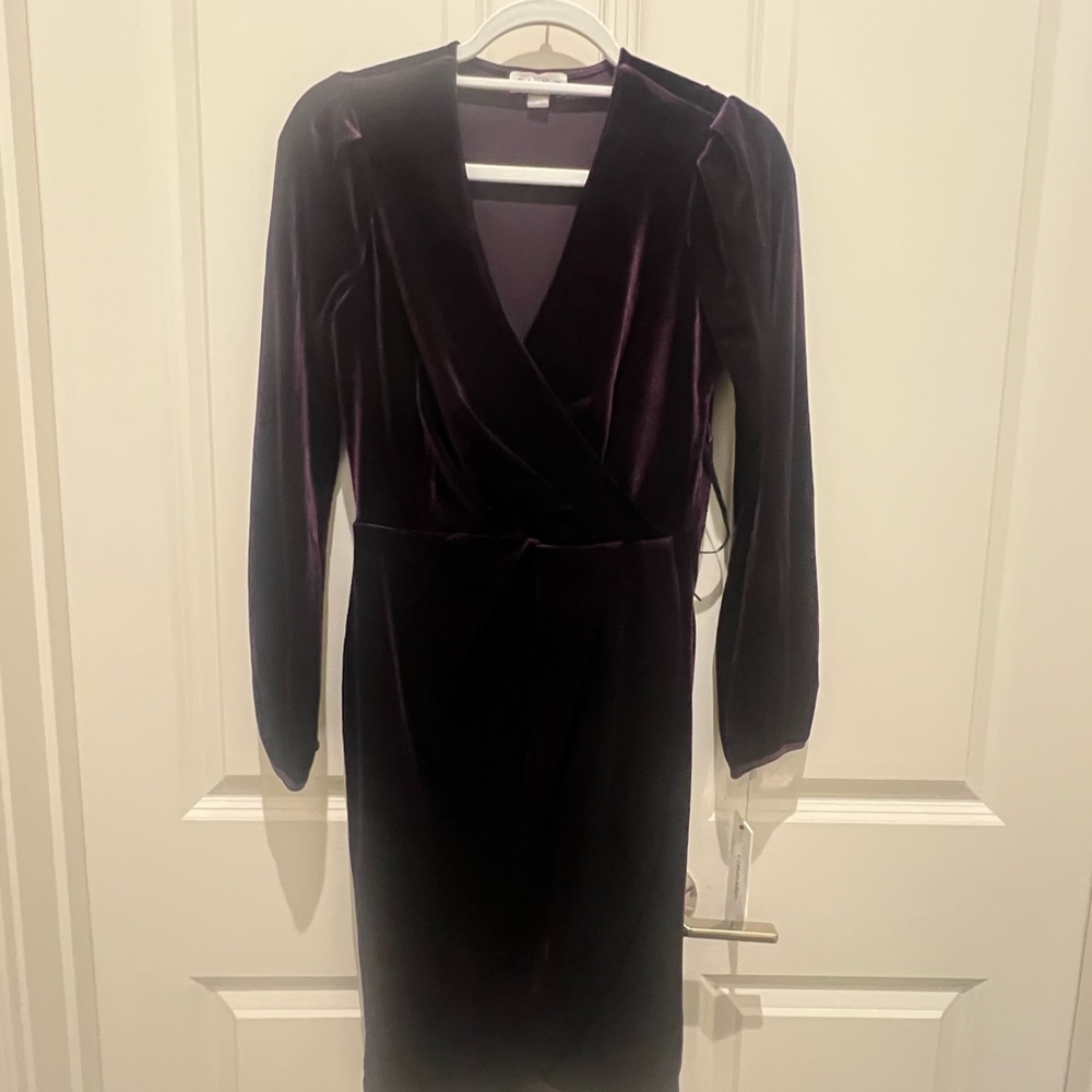 Calvin Klein Plum Velvet Wrap Long-Sleeve Dress